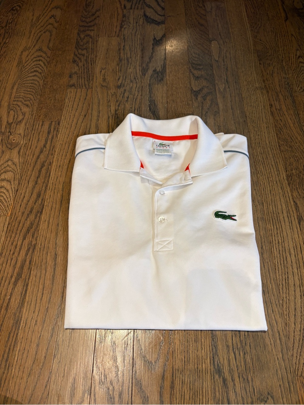 Lacoste White Polo with Green Crocodile and Orange Collar Accent